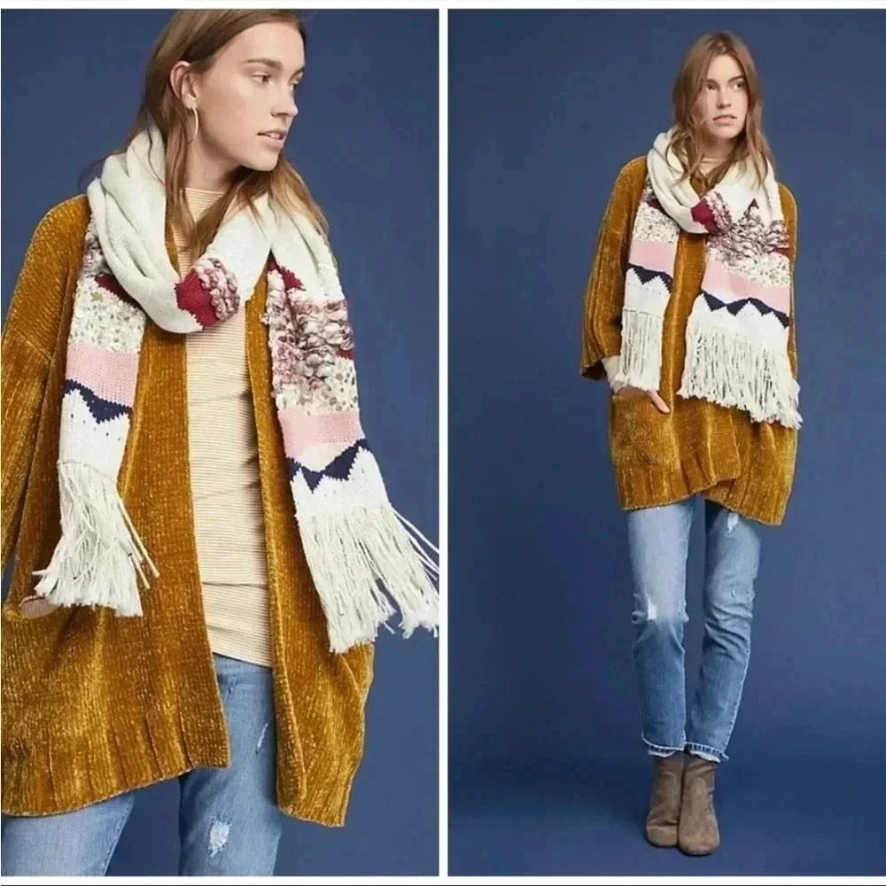 Anthropologie Mustard Yellow Cardigan with Cream Scarf